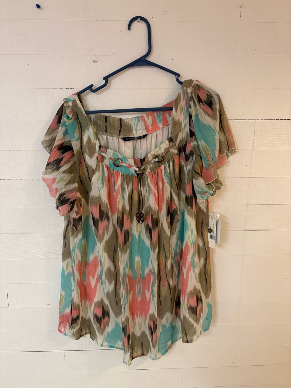 Zac & Rachel Woman 3X NWT Abstract Ikat Flutter Sleeve Beaded Blouse